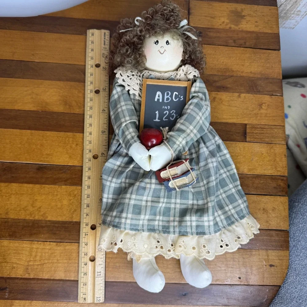 Vintage School Teacher Cloth Doll Plaid Dress Chalkboard Apple Books 10 Inch